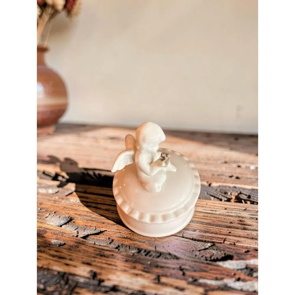 Vintage White Porcelain Cherub Trinket Box | Angel Jewelry Box/Rhinestone Flower